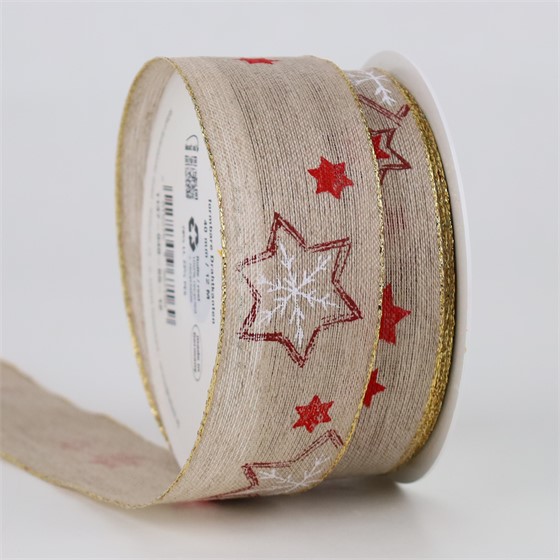 Traka lanena sa zvjezdicama 40mm/12m natur/t.crvena