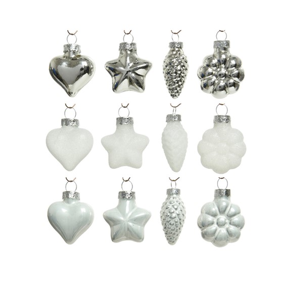 Staklene kuglice mix 2x4cm x12kom glitter, bijela/srebrna