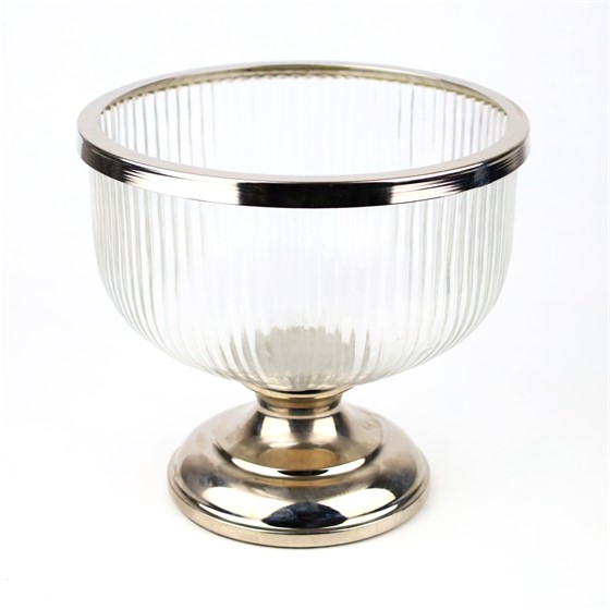 Staklo zdjela na nogu s metalnim detaljima h21cm d23cm transparent/srebrna