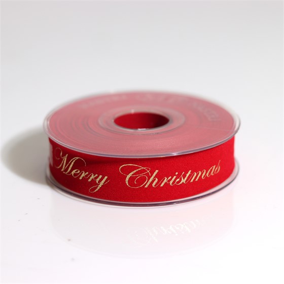 Traka Gold Merry Christmas velvet 25mm/10m crvena