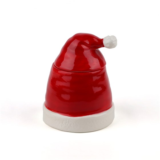 Keramička posuda s poklopcem kapa djeda božićnjaka h15cm d12cm crvena/bijela