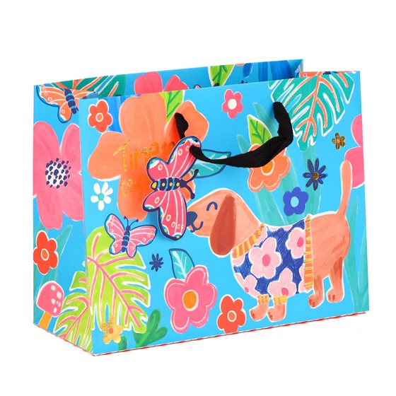 Vrećica 23x10cm h18cm rođendan psić i cvjetić neon mix boja