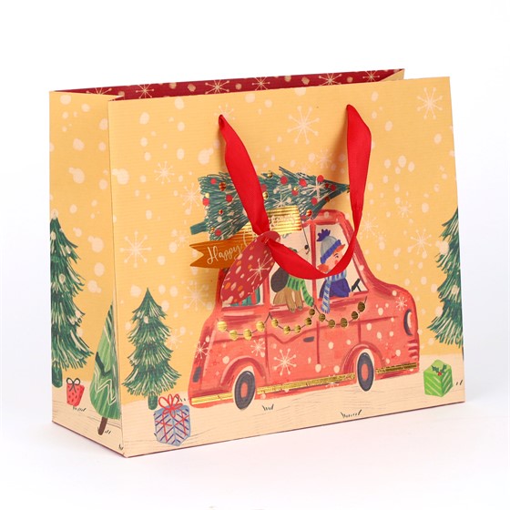 Vrećica 31x12cm h26 božićna autić natur/crvena