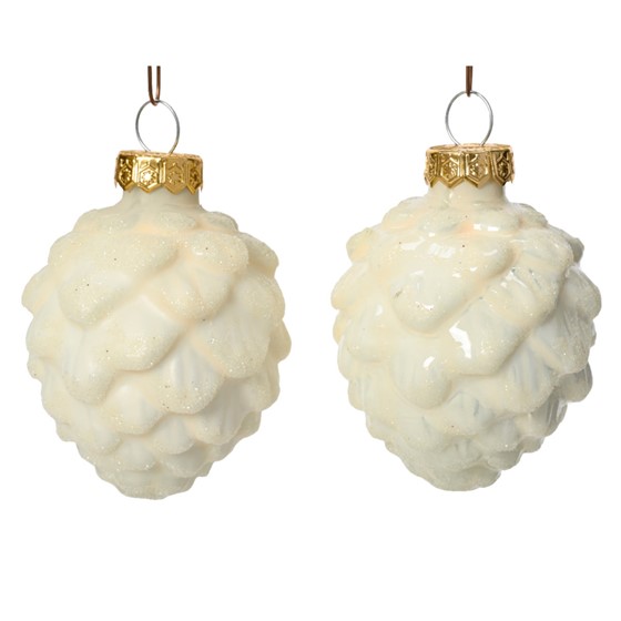 Staklene kuglice češeri d5h7cm x6kom vuneno bijela