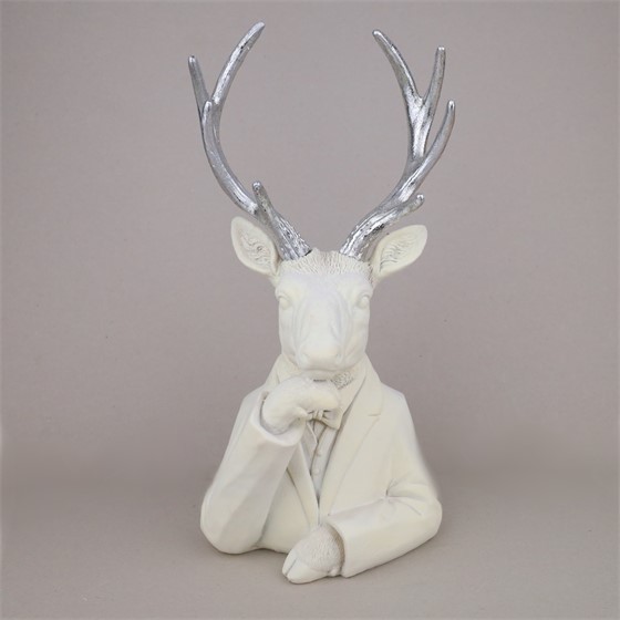 Jelen bista polirezin flokirana h45cm 19x17cm bijela/srebrna