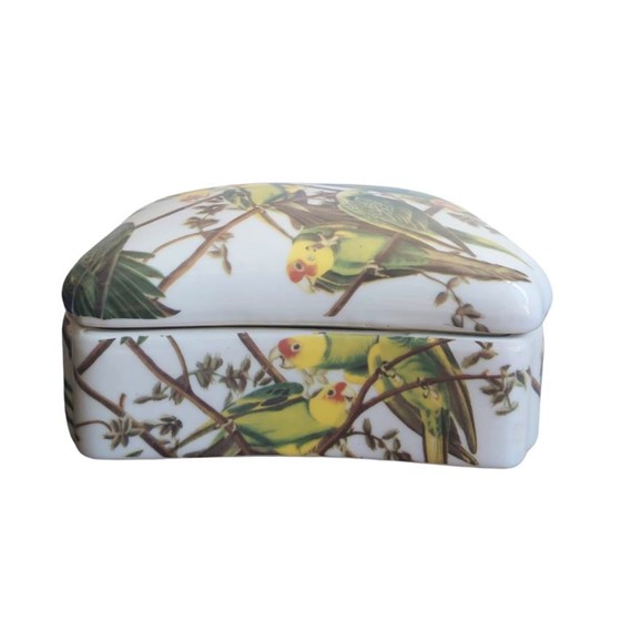 Keramička kutija 19x12xh9cm papige bijela/zelena/žuta