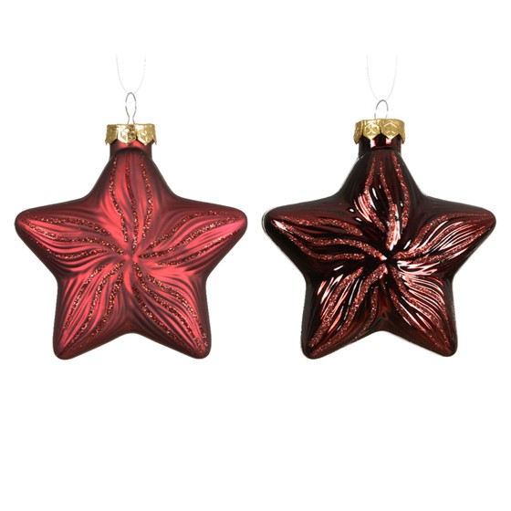 Stakleni ukras zvijezda h10d9cm x2 kom gliter t.crvena