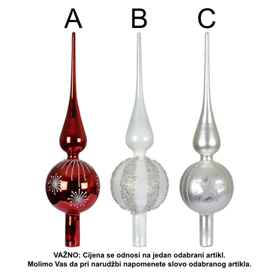 Vrh za bor stakleni 8x31cm 3ass crvena/bijela/srebrna