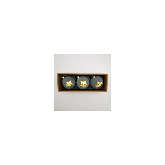 Staklene kuglice 8cm 3kom velvet siva/zvijezda