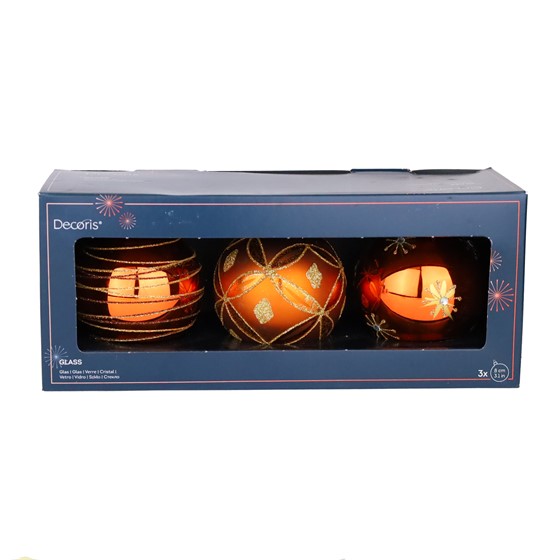 Staklene kuglice dekorirane 8cm x3kom cider narančasta/zlatna
