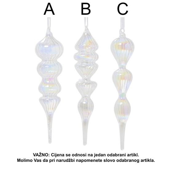 Stakleni ukras finial h26cm d6cm 3ass iris/transparent