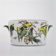 Keramička posuda s ručkama h15,5cm 31x23cm papige bijela/zelena/žuta