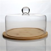 Staklo zvono na drvenom pladnju h18,5cm d28cm