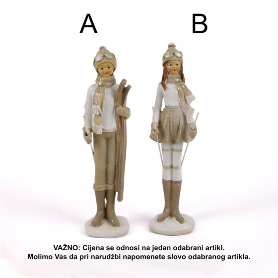 Figura skijaš/skijašica h22,5cm 5,5x5cm 2ass bijela/krem/glitter